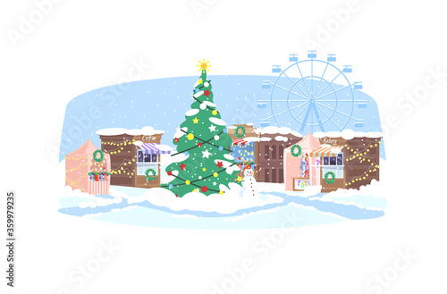 Christmas market semi flat vector illustration. Town square with festive stalls 2D cartoon landscape for commercial use. Seasonal holiday celebration. Xmas carnival, new years eve shopping
