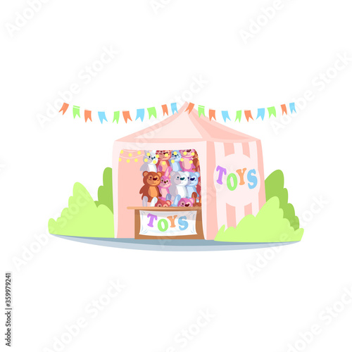 Kiosk with toys semi flat RGB color vector illustration. Street fair stand, market stall selling stuffed plush playthings. Carnival tent with children toys isolated cartoon object on white background