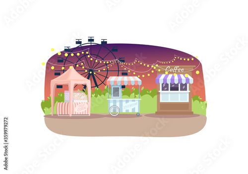 Evening summer fair semi flat vector illustration. Amusement park with attractions and vending stands. Pop corn, ice cream and coffee kiosks near ferris wheel 2D cartoon landscape for commercial use