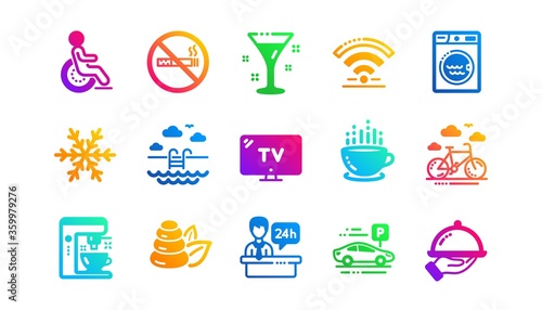 Wi-Fi, Air conditioning and Coffee maker machine. Hotel service icons. Spa stones, swimming pool and hotel parking icons. Classic set. Gradient patterns. Quality signs set. Vector