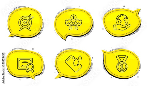 Smartphone waterproof sign. Diploma certificate, save planet chat bubbles. Archery, Best rank and Sharing economy line icons set. Attraction park, Success medal, Share. Phone. Vector