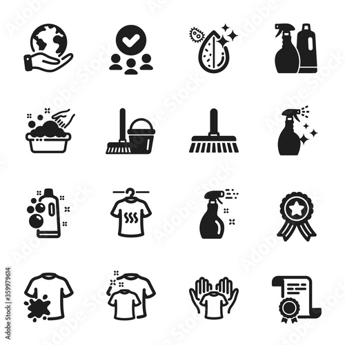 Set of Cleaning icons, such as Clean t-shirt, Washing cleanser. Certificate, approved group, save planet. Hold t-shirt, Cleaning spray, Clean bubbles. Vector