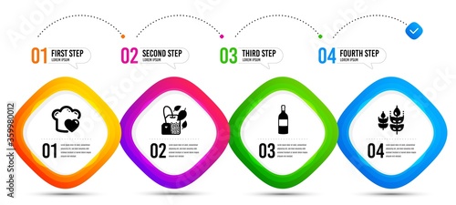 Gluten free, Mint bag and Wine bottle icons simple set. Timeline infographic. Love cooking sign. Bio ingredients, Mentha tea, Cabernet sauvignon. Chef hat. Food and drink set. Vector