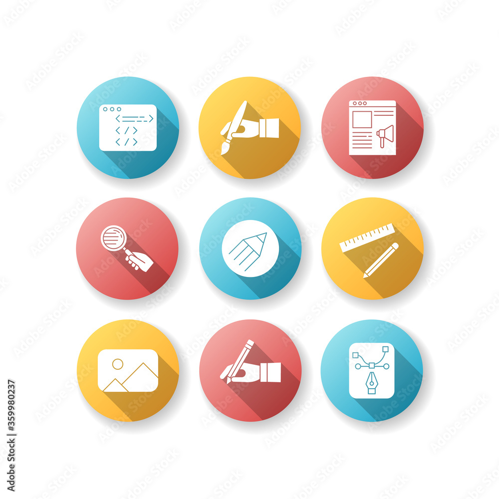 Designer work elements flat design long shadow glyph icons set. Website coding. Seo specialist. Hand with paintbrush. Ruler and pencil. Place holder. Silhouette RGB color illustration Designer work elements flat design long shadow glyph icons set. Website coding. Seo specialist. Hand with paintbrush. Ruler and pencil. Place holder. Silhouette RGB color illustration