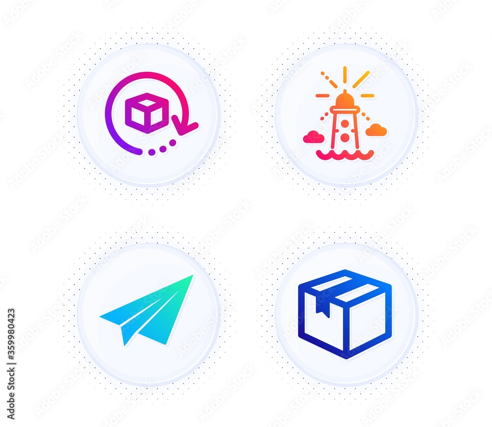 Paper plane, Lighthouse and Return package icons simple set. Button with halftone dots. Parcel sign. Airplane, Navigation beacon, Exchange goods. Shipping box. Transportation set. Vector Paper plane, Lighthouse and Return package icons simple set. Button with halftone dots. Parcel sign. Airplane, Navigation beacon, Exchange goods. Shipping box. Transportation set. Vector