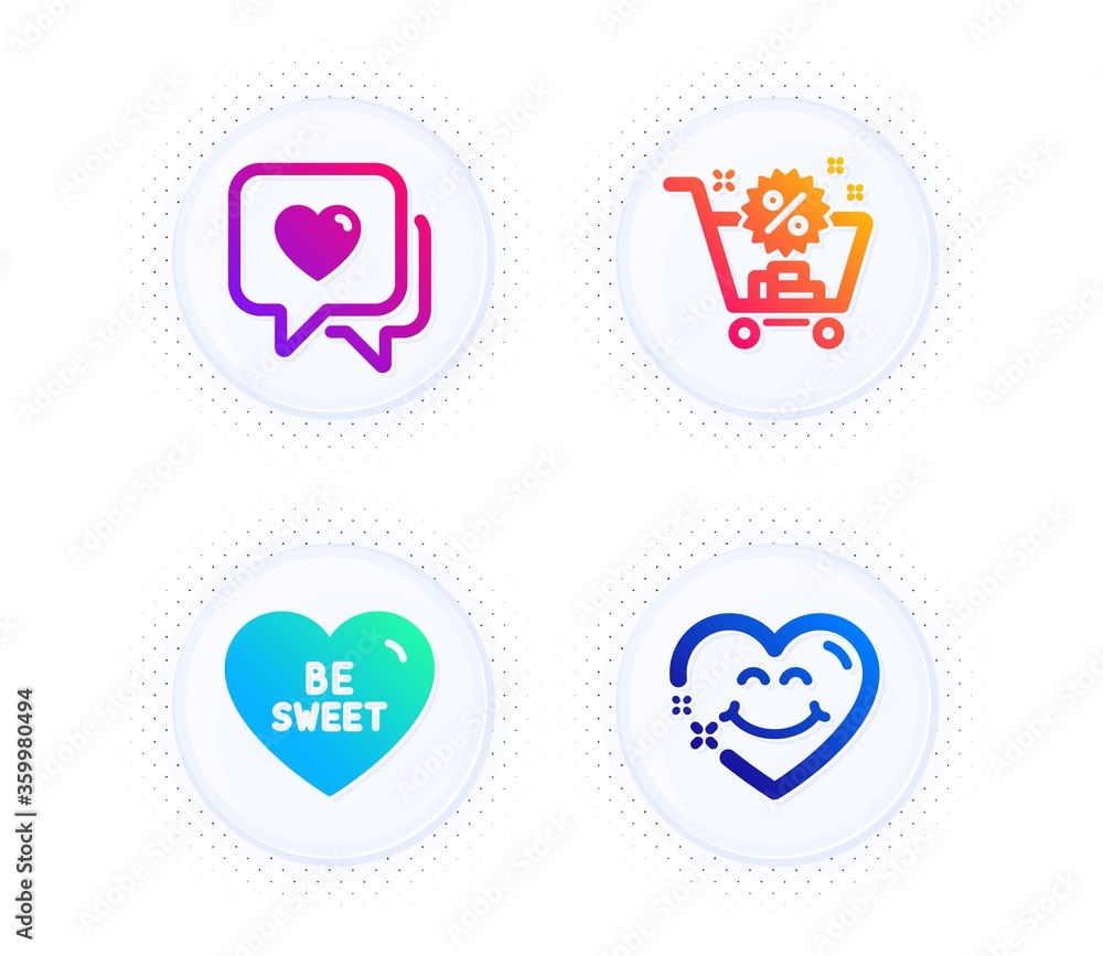 Be sweet, Shopping cart and Heart icons simple set. Button with halftone dots. Smile face sign. Love sweetheart, Discount, Love chat. Holidays set. Gradient flat be sweet icon. Vector Be sweet, Shopping cart and Heart icons simple set. Button with halftone dots. Smile face sign. Love sweetheart, Discount, Love chat. Holidays set. Gradient flat be sweet icon. Vector