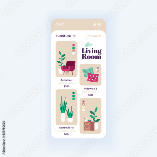 Furniture shop app smartphone interface vector template. Mobile app page day mode design layout. Furnishing items store screen. Flat UI for application. Interior decor accessories on phone display