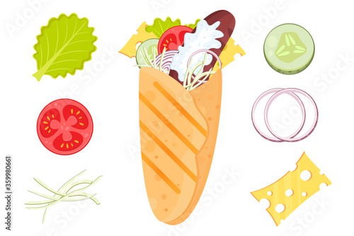 Flat vector illustration Doner kebab, shawarma isolated on a white background. Burrito. Cartoon fast food. Tortilla with sausage and vegetables. Hot dog in pita bread with veggies. Hotdogs ingredients