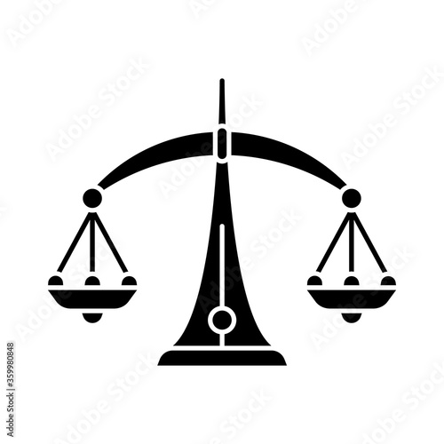 Libra zodiac sign black glyph icon. Judicial system, equilibrium, horoscope scales silhouette symbol on white space. Balanced old fashioned weight measuring instrument. Vector isolated illustration