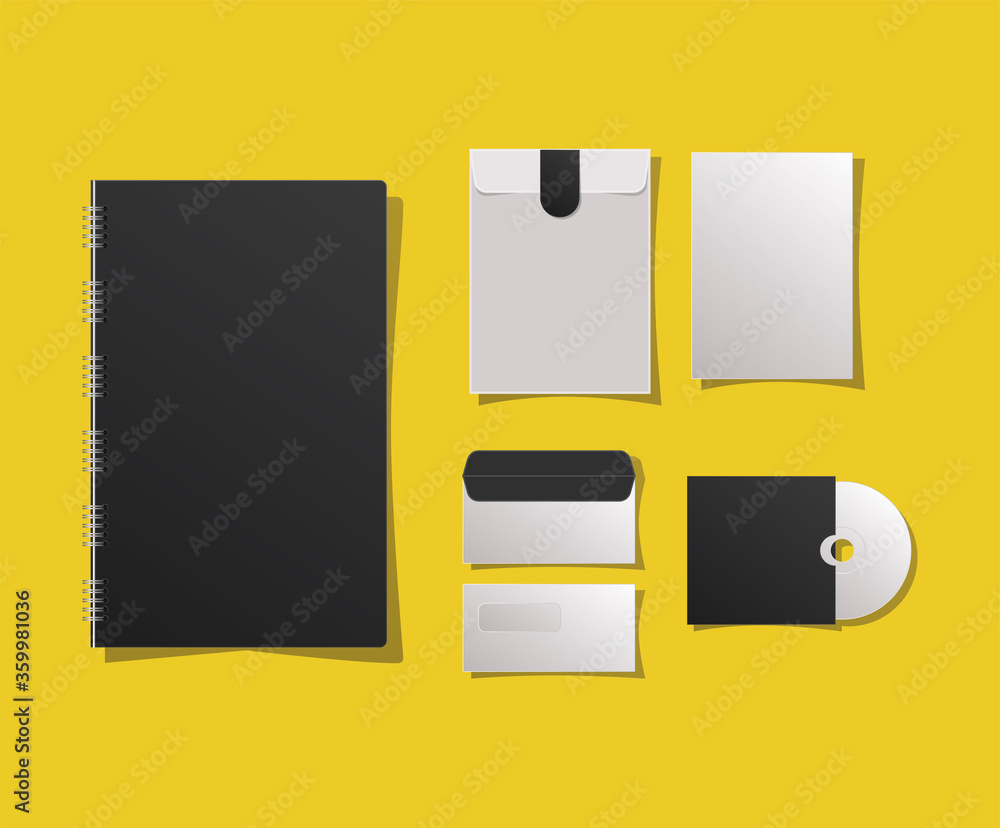 Mockup notebook envelopes and cd design of corporate identity template and branding theme Vector illustration Mockup notebook envelopes and cd design of corporate identity template and branding theme Vector illustration
