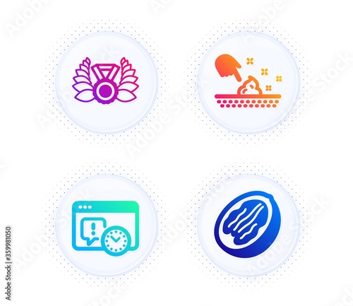 Project deadline, Laureate medal and Skin moisture icons simple set. Button with halftone dots. Pecan nut sign. Time management, Laurel wreath, Wet cream. Vegetarian food. Business set. Vector