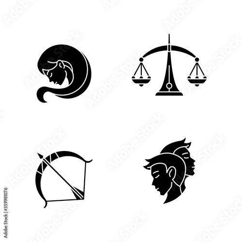 Birth signs black glyph icons set on white space. Maiden, scales, archer and twins zodiac silhouette symbols. Virgo, libra, sagittarius and gemini horoscope signs. Vector isolated illustrations