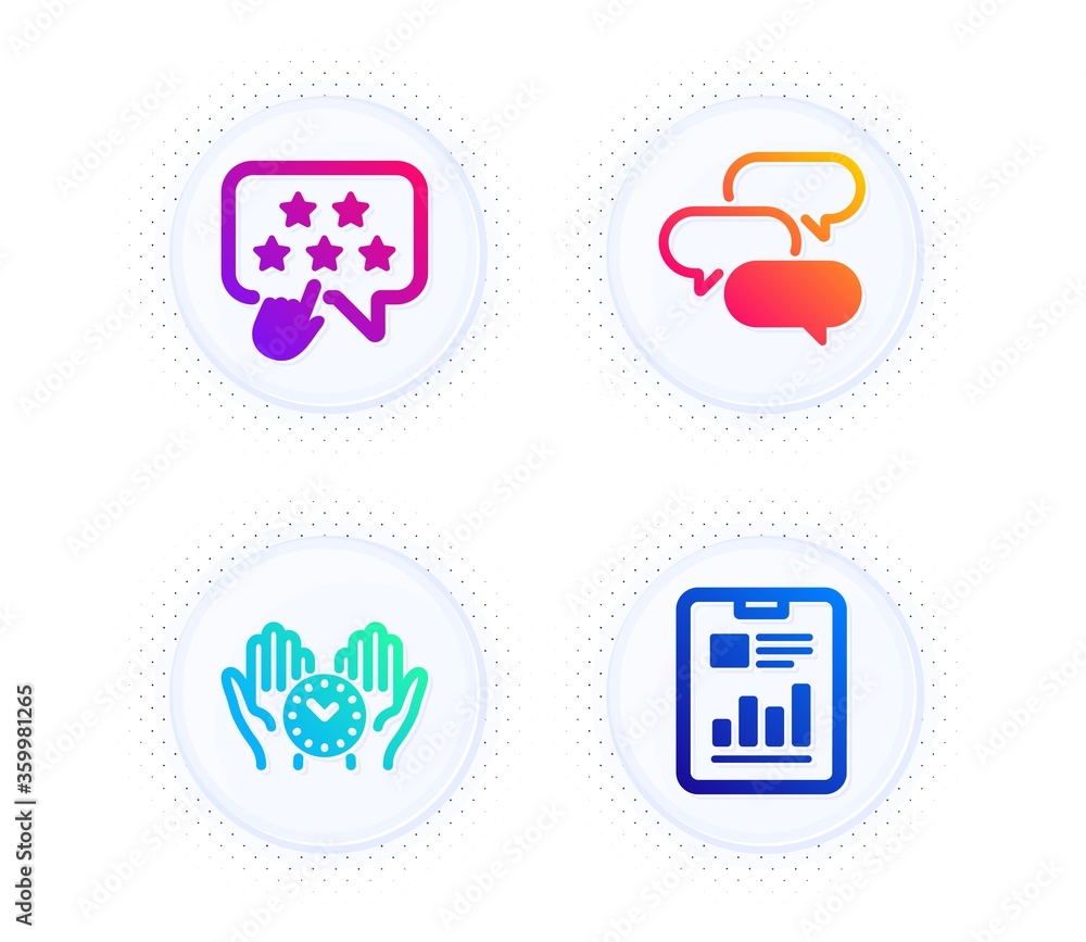 Talk bubble, Ranking star and Safe time icons simple set. Button with halftone dots. Report document sign. Chat message, Click rank, Management. Page with charts. Education set. Vector