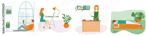 People spend time at home doing hobbies. Set of indoors activities and leisure. Flat men and women reading, working on laptop, cooking and do sport.