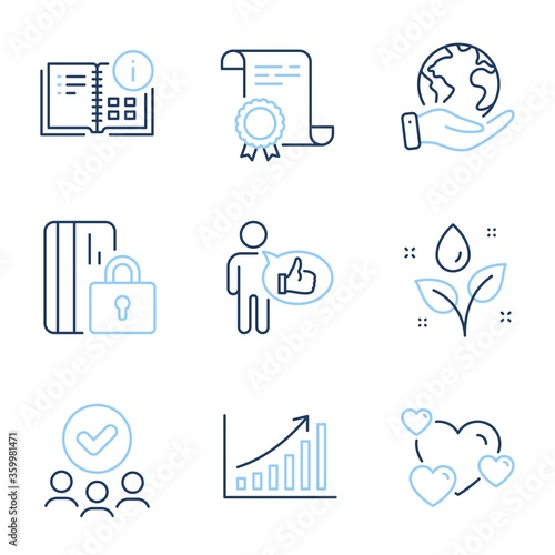 Like, Heart and Blocked card line icons set. Diploma certificate, save planet, group of people. Instruction info, Graph chart and Plants watering signs. Thumbs up, Love rating, Private money. Vector