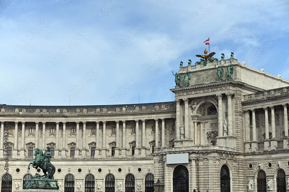 Statue of Prince Eugen and Hofburg palace in Heldenplatz Vienna Austria