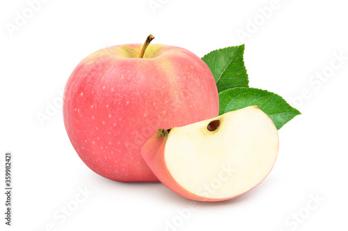 Fresh Fuji Apple fruit with sliced and green leaves isolated on white background.