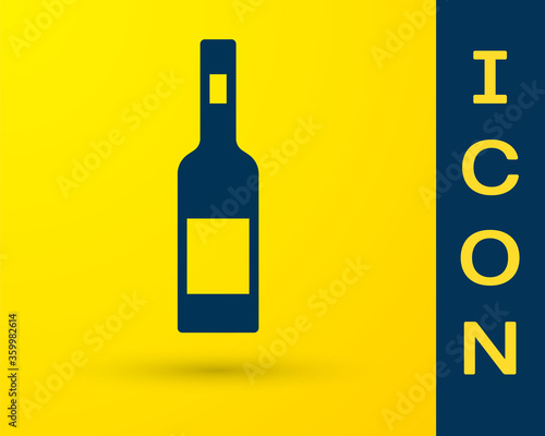 Blue Glass bottle of vodka icon isolated on yellow background.  Vector