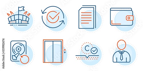 Lift, Money wallet and Recovery hdd signs. Collagen skin, Approved and Human line icons set. Copy files, Arena symbols. Skin care, Refresh symbol. Business set. Outline icons set. Vector