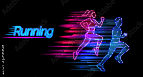 Running neon light landing page template. Man and woman jogging website layout. Healthy lifestyle and sports vector illustration