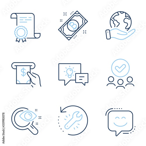 Smile face, Bitcoin and Idea lamp line icons set. Diploma certificate, save planet, group of people. Recovery tool, Atm service and Vision test signs. Vector