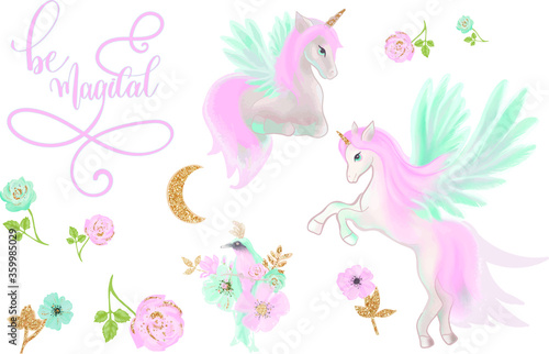 Magical unicorns fairy floral  vector clip art floral set. Unicorn and flowers