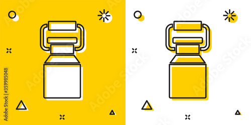 Black Can container for milk icon isolated on yellow and white background. Random dynamic shapes. Vector