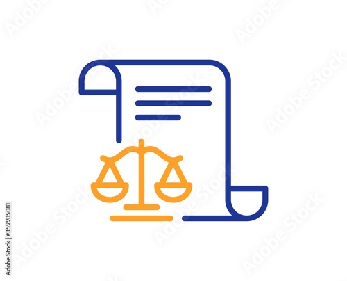 Legal documents line icon. Justice scales sign. Judgement doc symbol. Colorful thin line outline concept. Linear style legal documents icon. Editable stroke. Vector