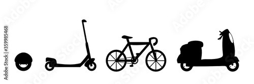 Set of silhouettes of modern urban transport. Bike, electric scooter, moped and unicycle. Transport icons  isolated on a white background.