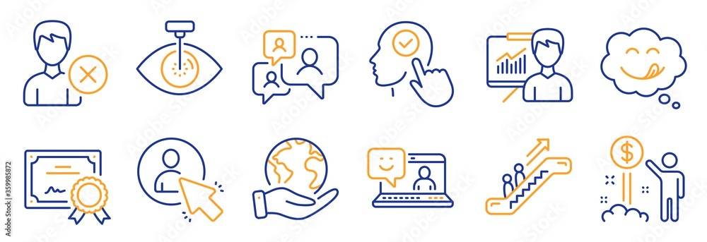 Set of People icons, such as Smile, Remove account. Certificate, save planet. Yummy smile, User, Eye laser. Income money, Presentation, Escalator. Select user, Support chat line icons. Vector Set of People icons, such as Smile, Remove account. Certificate, save planet. Yummy smile, User, Eye laser. Income money, Presentation, Escalator. Select user, Support chat line icons. Vector