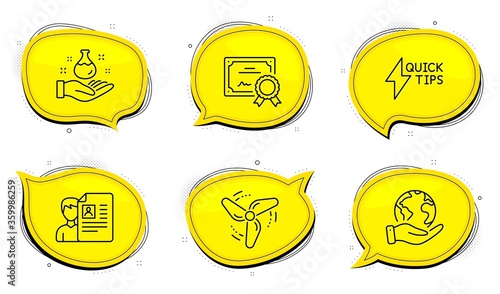 Wind energy sign. Diploma certificate, save planet chat bubbles. Chemistry lab, Job interview and Quickstart guide line icons set. Laboratory, Cv file, Lightning symbol. Ventilator. Vector