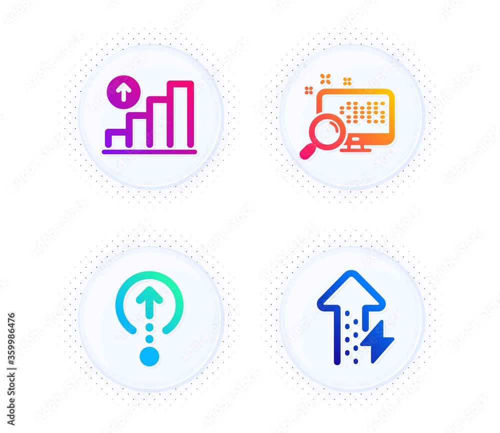 Swipe up, Search and Graph chart icons simple set. Button with halftone dots. Energy growing sign. Scrolling page, Find file, Growth report. Power usage. Technology set. Vector Swipe up, Search and Graph chart icons simple set. Button with halftone dots. Energy growing sign. Scrolling page, Find file, Growth report. Power usage. Technology set. Vector