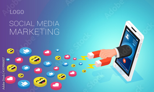 Social media marketing landing page layout. Human hand attracting likes from youtube video on mobile phone screen with help of magnet, isometric vector illustration