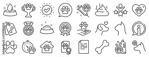 Veterinary, dog care and cat food. Pets line icons. Lovely animals, shampoo for pets and doghouse icons. Vaccine, pet care and dog paw. Winner cup, certificate and medal. Animal feces. Vector photo