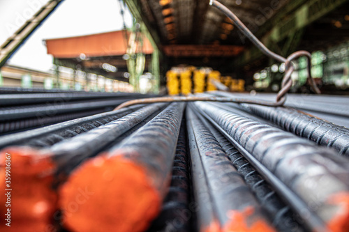 Steel rods or bars used to reinforce concrete. 