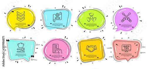 Screwdriverl, Cogwheel blueprint and Payment card signs. Speech bubbles with quotes. Web tutorials, Employees handshake and Food line icons set. Chemical hazard, Shoulder strap symbols. Vector