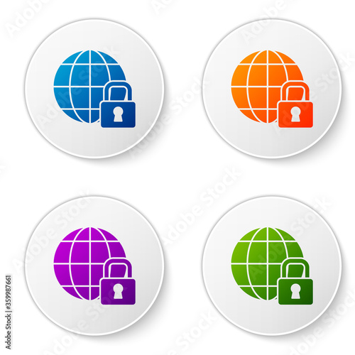 Color Global lockdown - locked globe icon isolated on white background. Set icons in circle buttons. Vector
