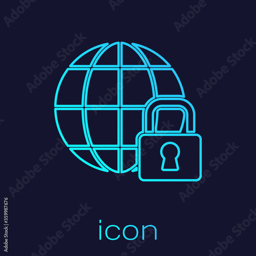 Turquoise line Global lockdown - locked globe icon isolated on blue background.  Vector