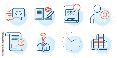 Hiring employees, Security and Buildings signs. Engineering documentation, Recovery ssd and Happy emotion line icons set. Report, Time symbols. Manual, Backup info. Business set. Vector