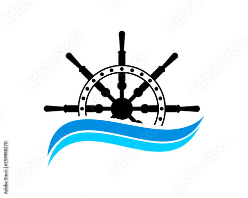 Ship steering wheel with blue waves