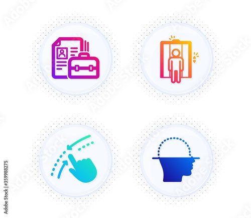 Swipe up, Vacancy and Elevator icons simple set. Button with halftone dots. Face scanning sign. Touch down, Hiring job, Lift. Faces detection. People set. Gradient flat swipe up icon. Vector