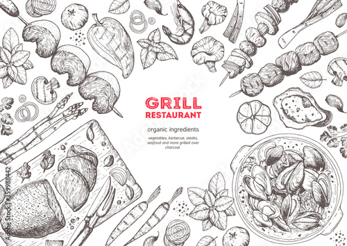 Grilled meat and vegetables top view frame. Vector illustration. Engraved design. Hand drawn illustration. Grill restaurant menu design template.