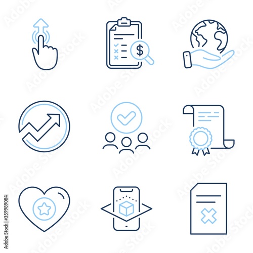 Heart, Accounting report and Delete file line icons set. Diploma certificate, save planet, group of people. Swipe up, Audit and Augmented reality signs. Vector