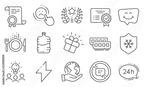 Set of Business icons, such as Ram, Certificate. Diploma, ideas, save planet. Smile chat, Dislike, Gift. 24h service, Clean skin, Energy. Food, Cooler bottle, Ranking. Stop talking line icons. Vector