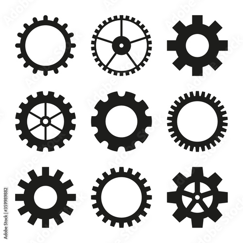 Set of vector icons of gear wheel, cogwheel mechanism. Black gearwheel on white background.