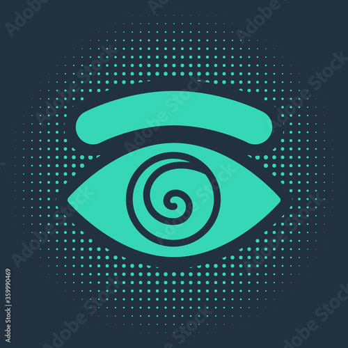Green Hypnosis icon isolated on blue background. Human eye with spiral hypnotic iris. Abstract circle random dots. Vector