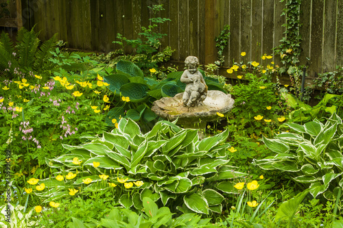 Φωτογραφία In a Salem, Oregon hosta garden, a birdbath with a statue of a child with their dog