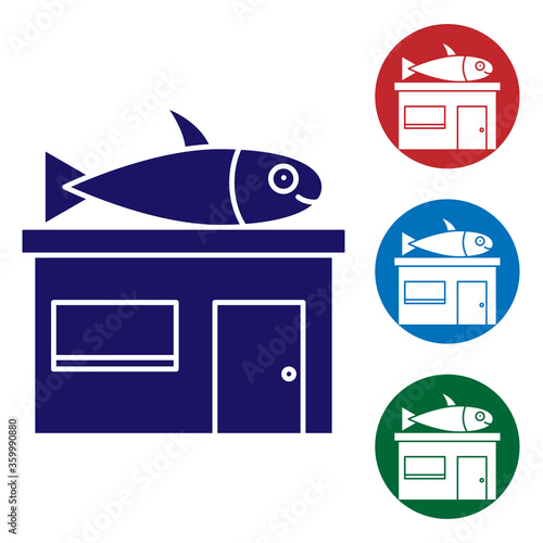 Blue Seafood store icon isolated on white background. Facade of seafood market. Set icons in color square buttons. Vector.