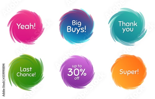 Swirl motion circles. Super, 30% discount and last chance. Thank you phrase. Sale shopping text. Twisting bubbles with phrases. Spiral texting boxes. Big buys slogan. Vector