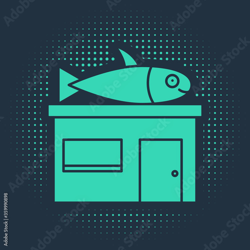 Green Seafood store icon isolated on blue background. Facade of seafood market. Abstract circle random dots. Vector.